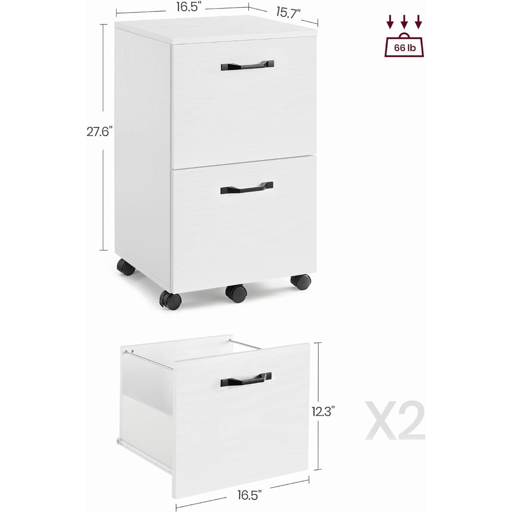 Dimensions diagram of a white two-drawer filing cabinet with two 16.5 inch width sections and 27.6 inch height